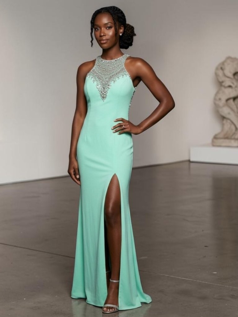 Prom Dress Nwt Mint Green Colour Sequins & Crystals Leg Slit By Alexia Size 10